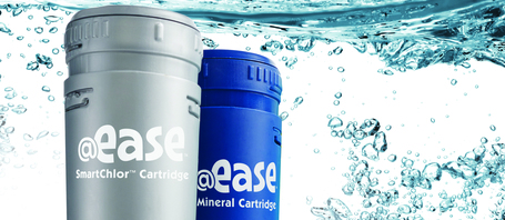Two @ease pool cartridges, one gray and one blue, submerged in water. Bubbling water creates a refreshing, clean, and vibrant atmosphere.