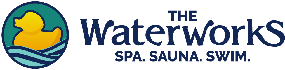The Waterworks logo features a yellow rubber duck on blue waves. Text reads: "SPA. SAUNA. SWIM." It conveys relaxation and water-based activities.