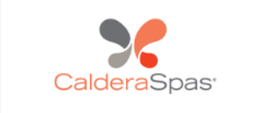 Logo with abstract shapes in orange and gray above the text "Caldera Spas." Simple design, no landmarks or historical buildings present.