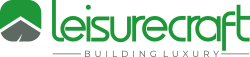 Green and grey leisurecraft logo with house icon. The text reads "Leisurecraft Building Luxury" in modern font, conveying a sense of premium craftsmanship.