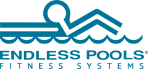Logo for Endless Pools Fitness Systems featuring a stylized swimmer in blue above the text, symbolizing water and aquatic fitness activities.