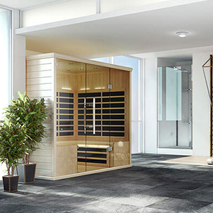 Modern indoor sauna with glass walls in spacious room. Natural light, potted plants, and sleek design create a serene and relaxing atmosphere.