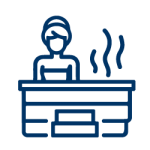 A person relaxing in a steaming hot tub, depicted in a blue outline illustration. The scene conveys warmth and relaxation.