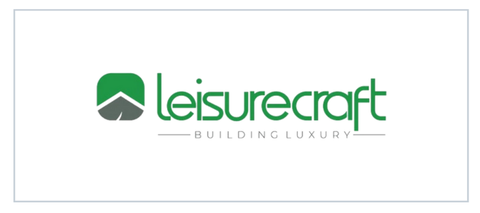 Green "Leisurecraft" logo with text "Building Luxury" on a white background. The logo features a stylized design resembling a roof.