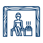 An illustration depicts a person sitting inside a sauna, surrounded by wooden walls, with steam rising from hot stones in a container.